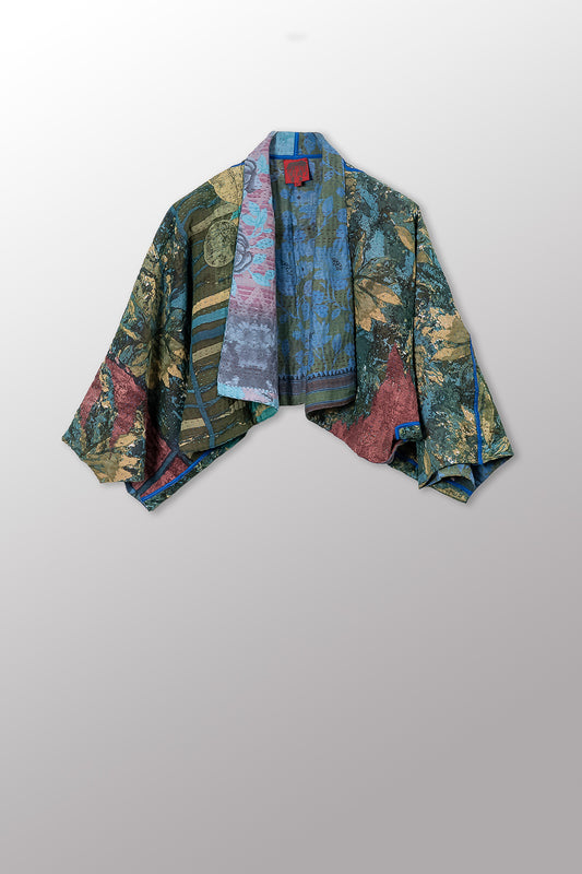 VINTAGE SILK GEORGETTE COTTON KANTHA PUFF SLV. SHRUG - gc4062-0003a -