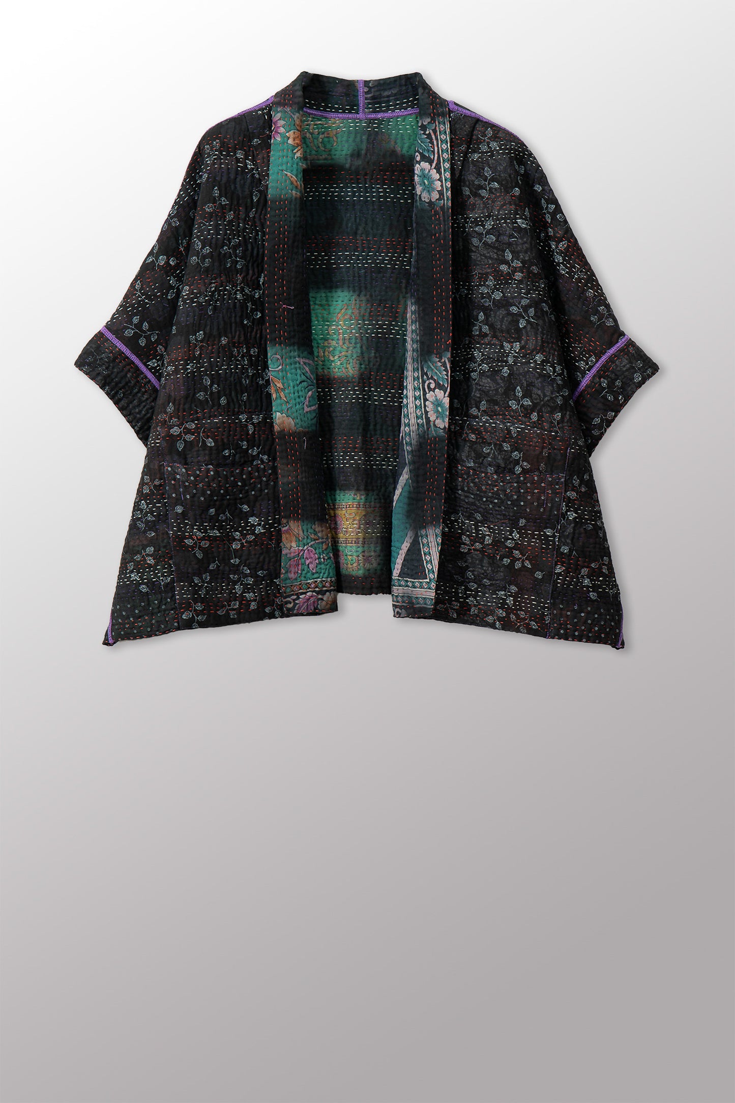 VINTAGE COTTON GREY CLAMP TIE DYE KANTHA MINI PONCHO - su4060-0001a -