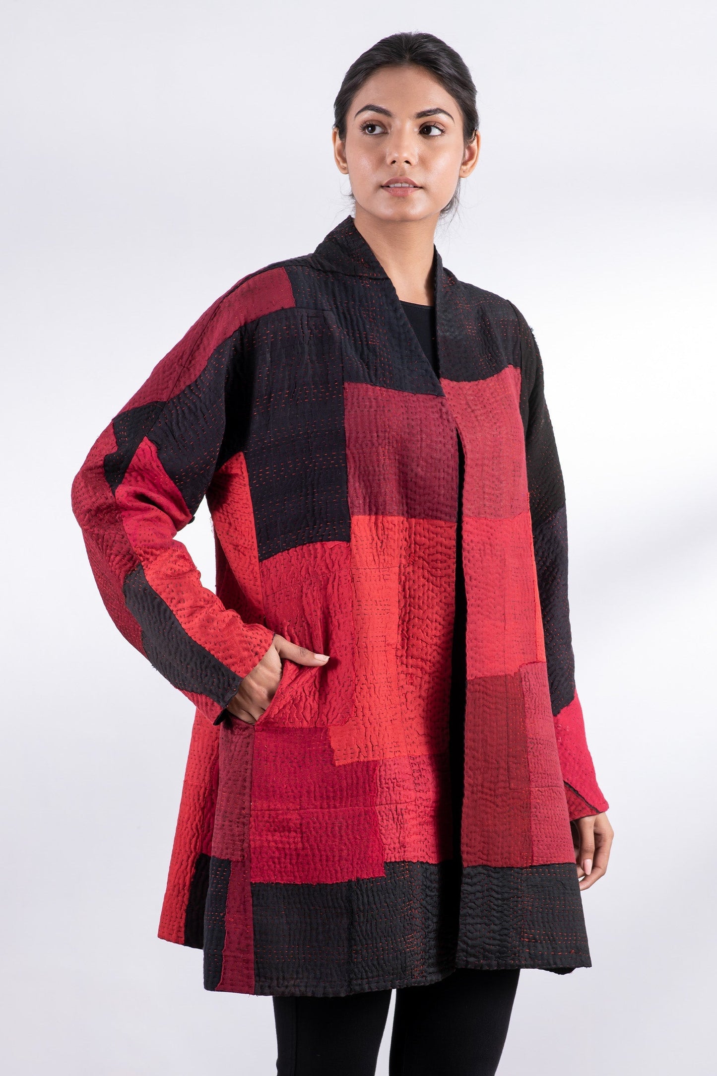TWO TONE PATCH KANTHA HIGH-NECK TOPPER - tn4045-red -