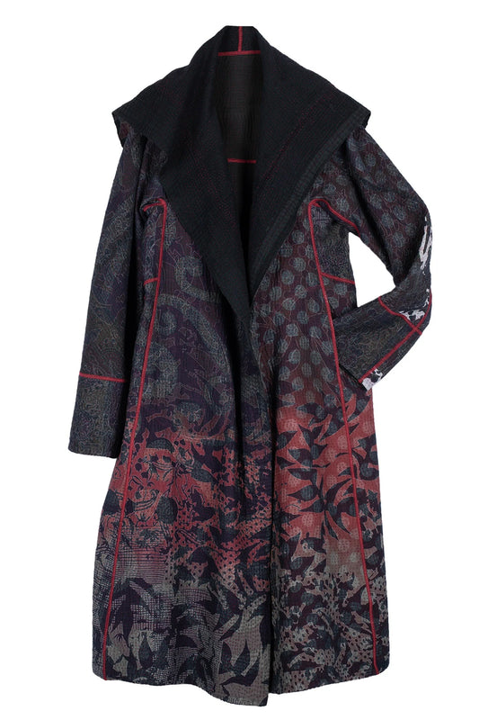 MONOTONE TWILIGHT PRINT KANTHA A-LINE LONG COAT - tp4302-red -