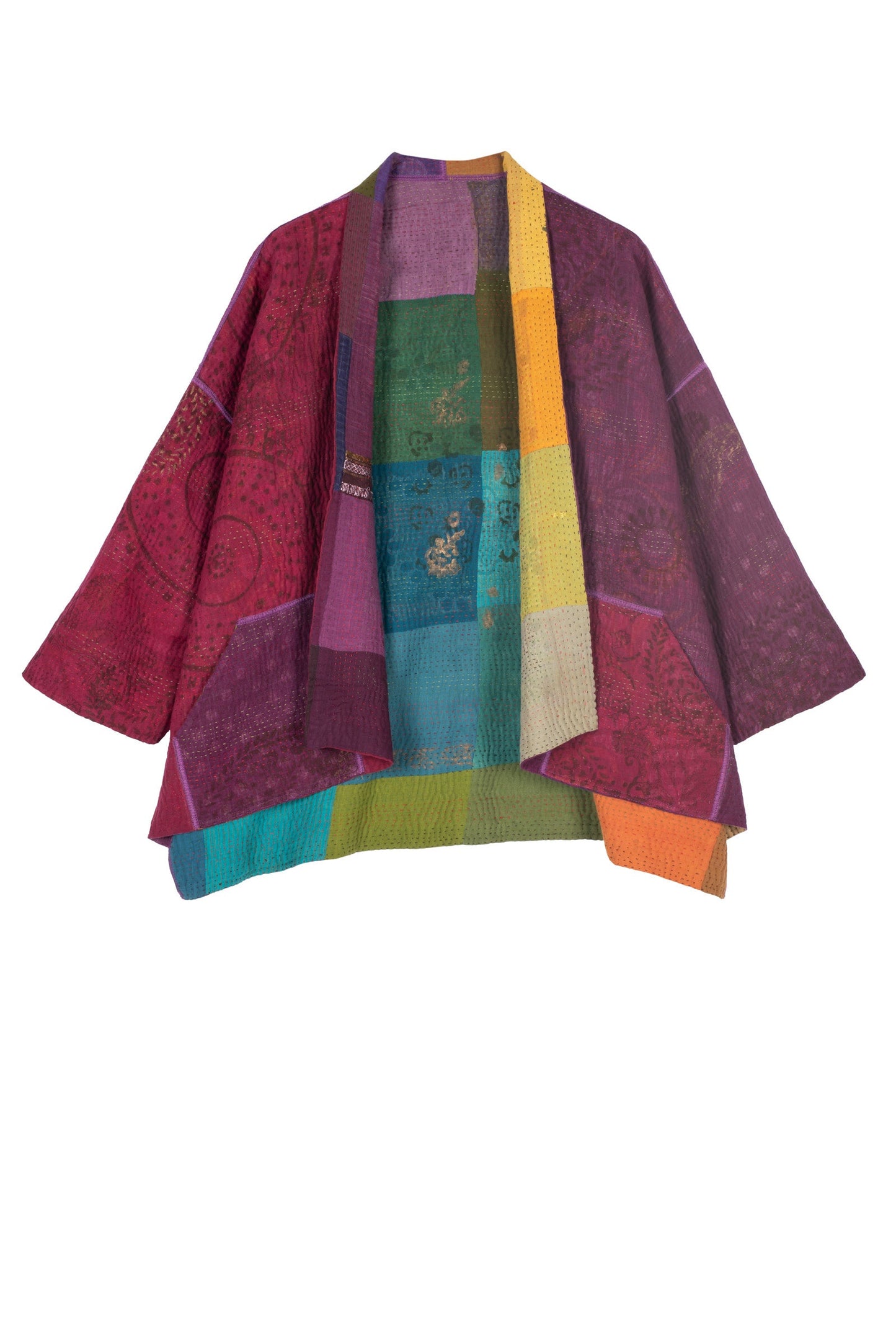 OMBRE PATCHED GOLD STAMP KANTHA  MINI KIMONO JACKET - og4055-mlt -