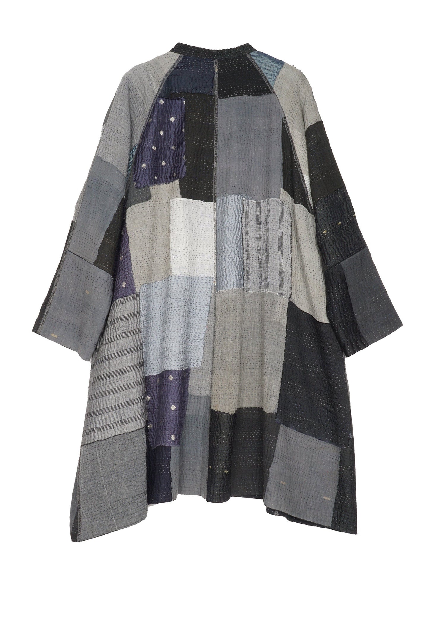 TWO TONE PATCH KANTHA BAND COLLAR DUSTER - tn4327-blk -