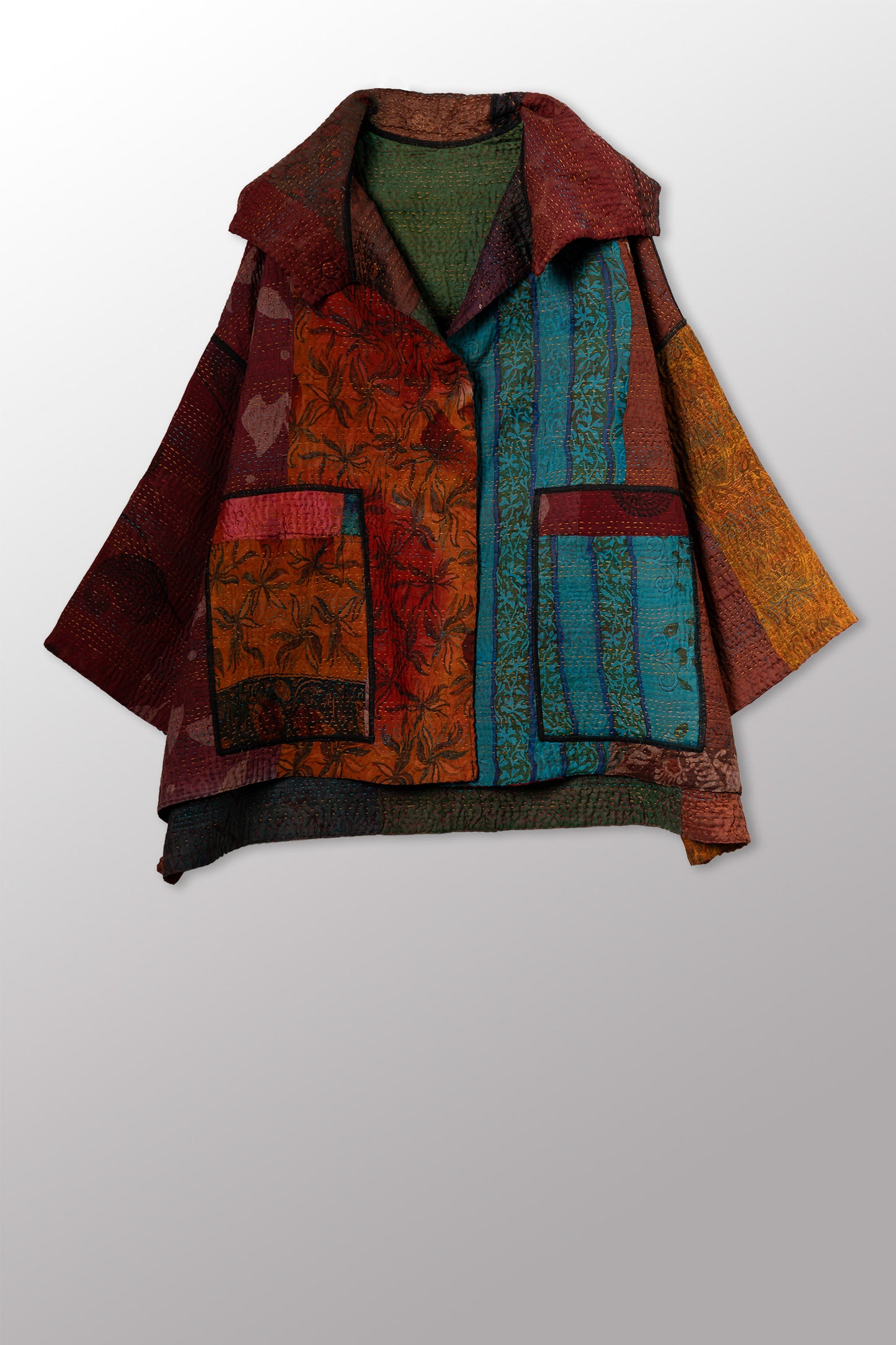 JACQUARD SILK KANTHA HOODIE PONCHO - js4064-cbrn001a -