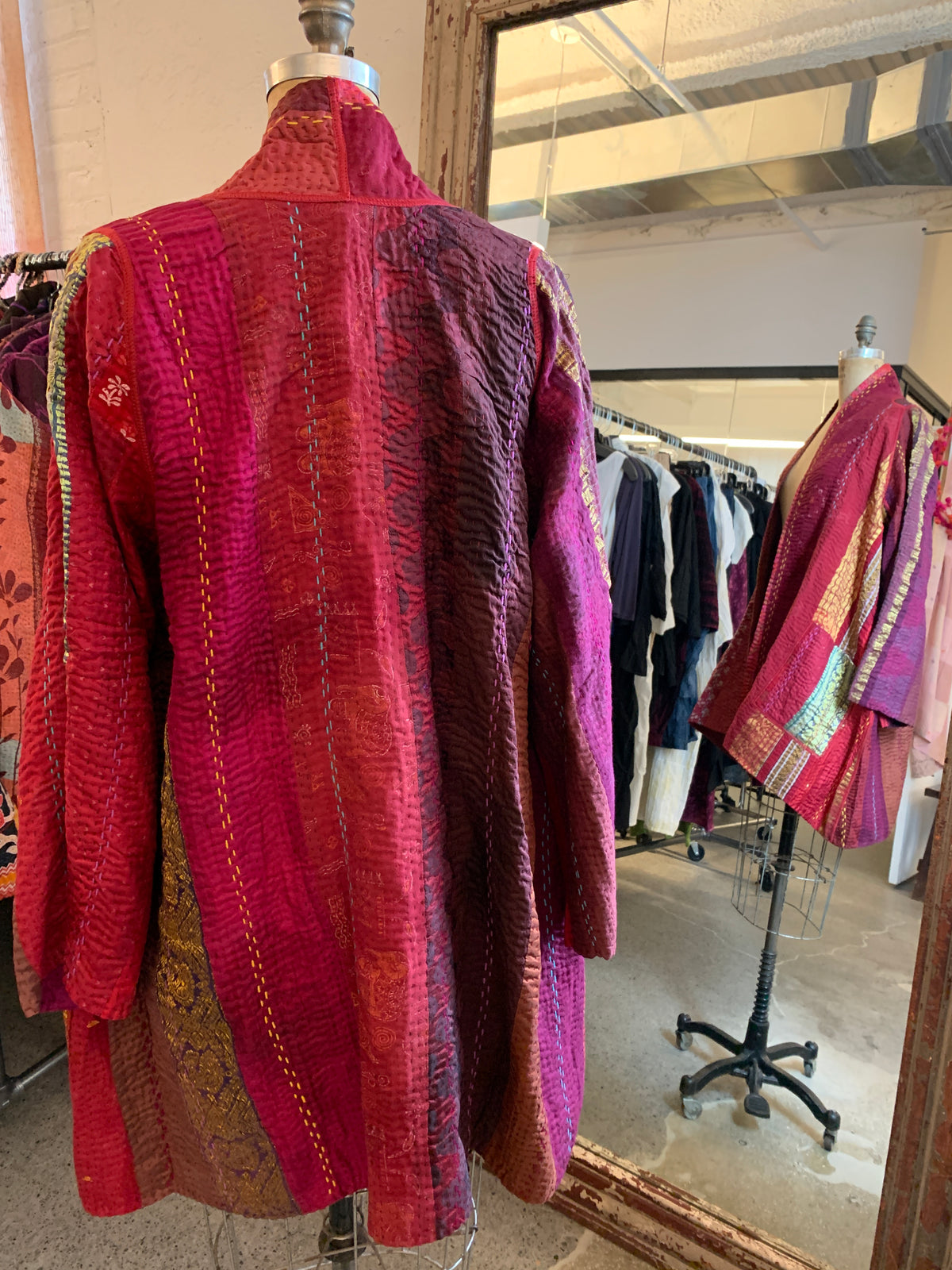 JEWEL WOVEN WITH VERTICAL PATCH KANTHA A-LINE JACKET - jv4003-red -