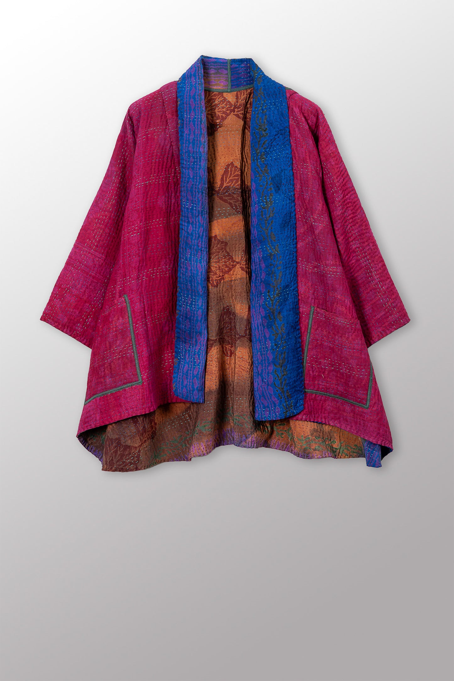 VINTAGE SILK GEORGETTE COTTON KANTHA KIMONO JACKET - gc4004-0001a -