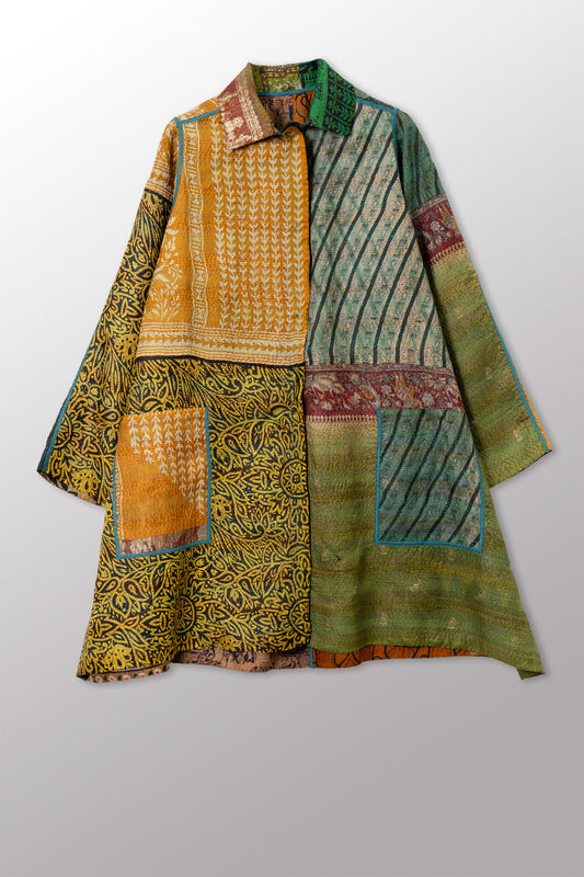 VINTAGE SILK KANTHA A-LINE DUSTER - sv2311-0017a -