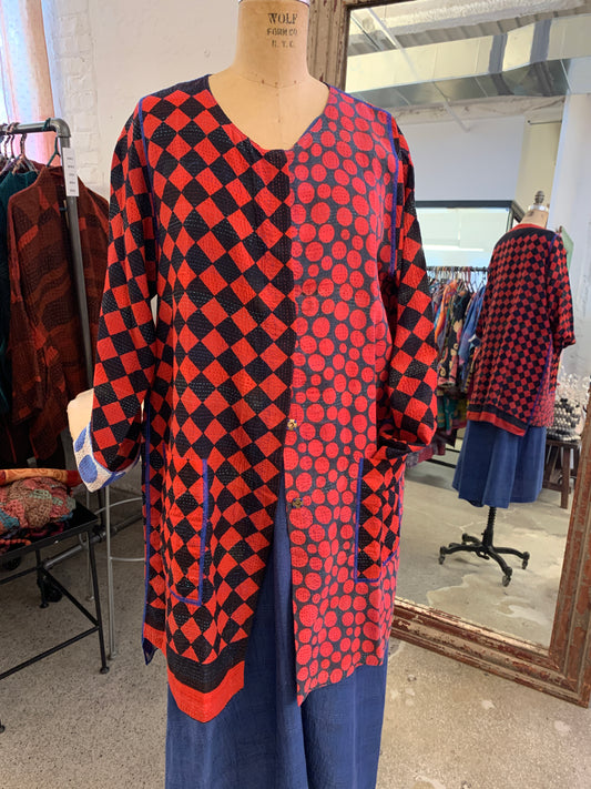 VINTAGE COTTON KANTHA CREW NECK POCKET LONG JKT - cv2027-9017a -