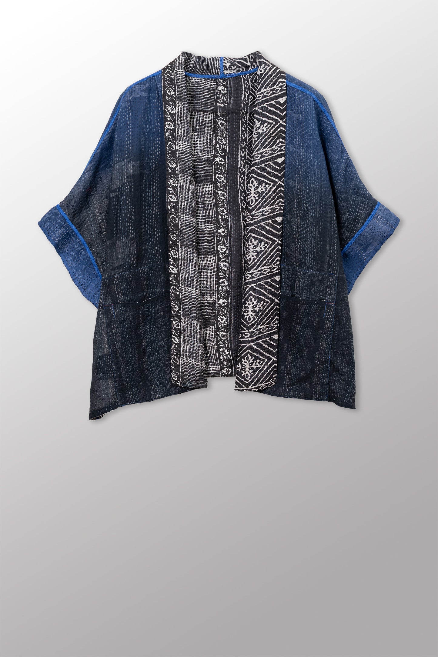 SILK COTTON OMBRE PRINT KANTHA MINI PONCHO - os2060-blk -