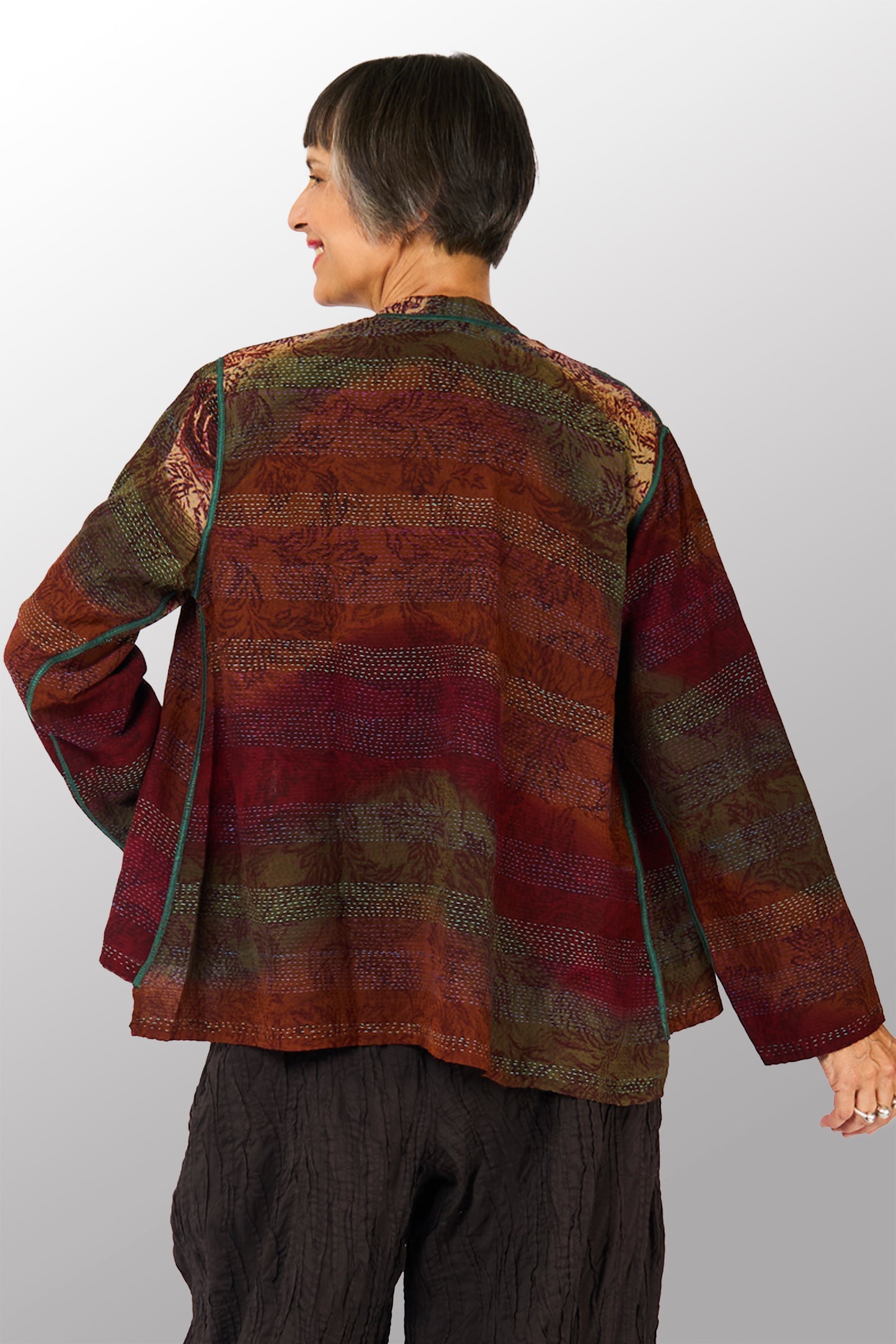 GEORGETTE JACQUARD VINTAGE SILK PATCH KANTHA KAFTAN JACKET SHORT - gj2088-0001s -
