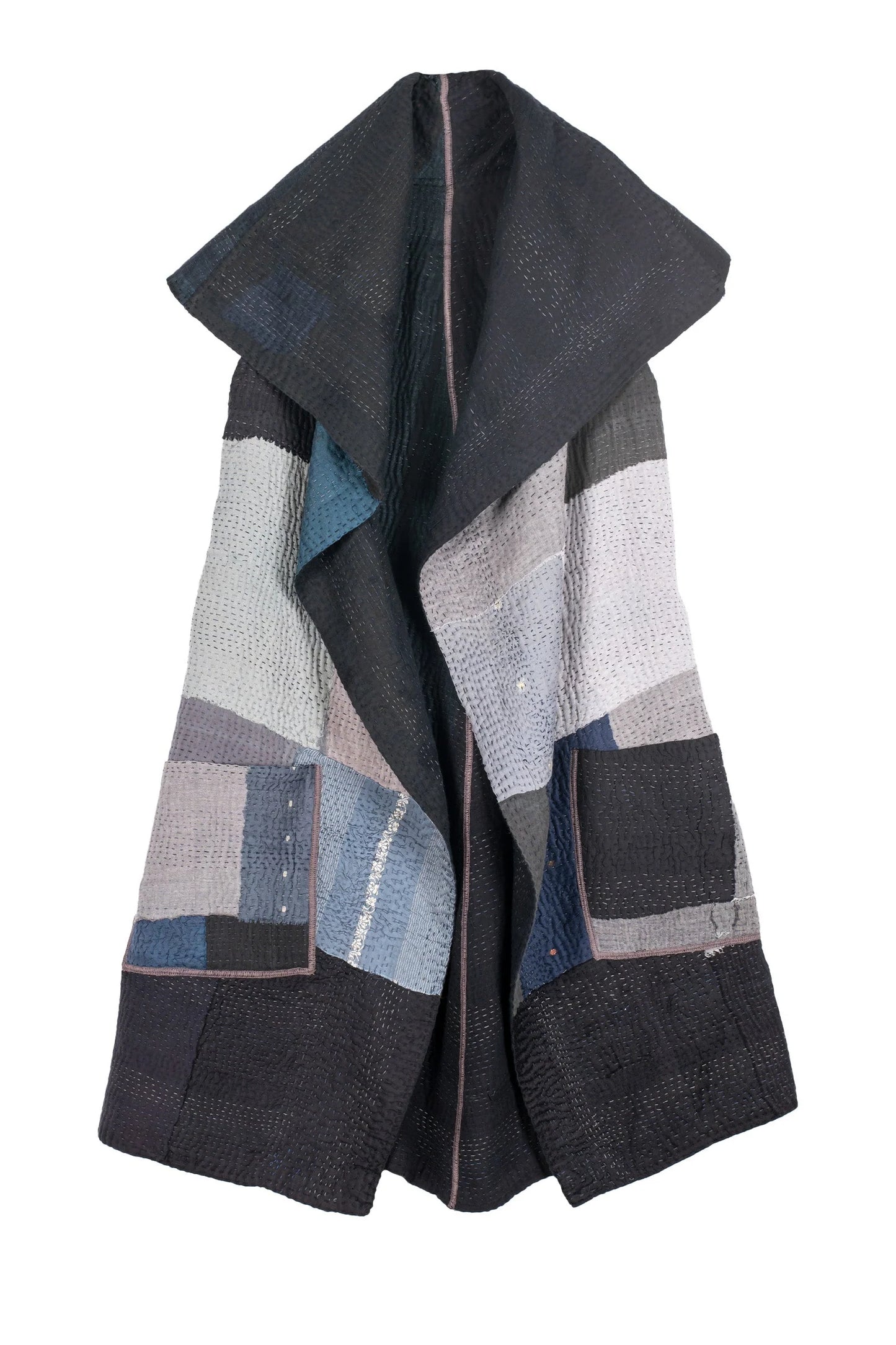 TWO TONE PATCH KANTHA CIRCULAR VEST - tn4201-blk -