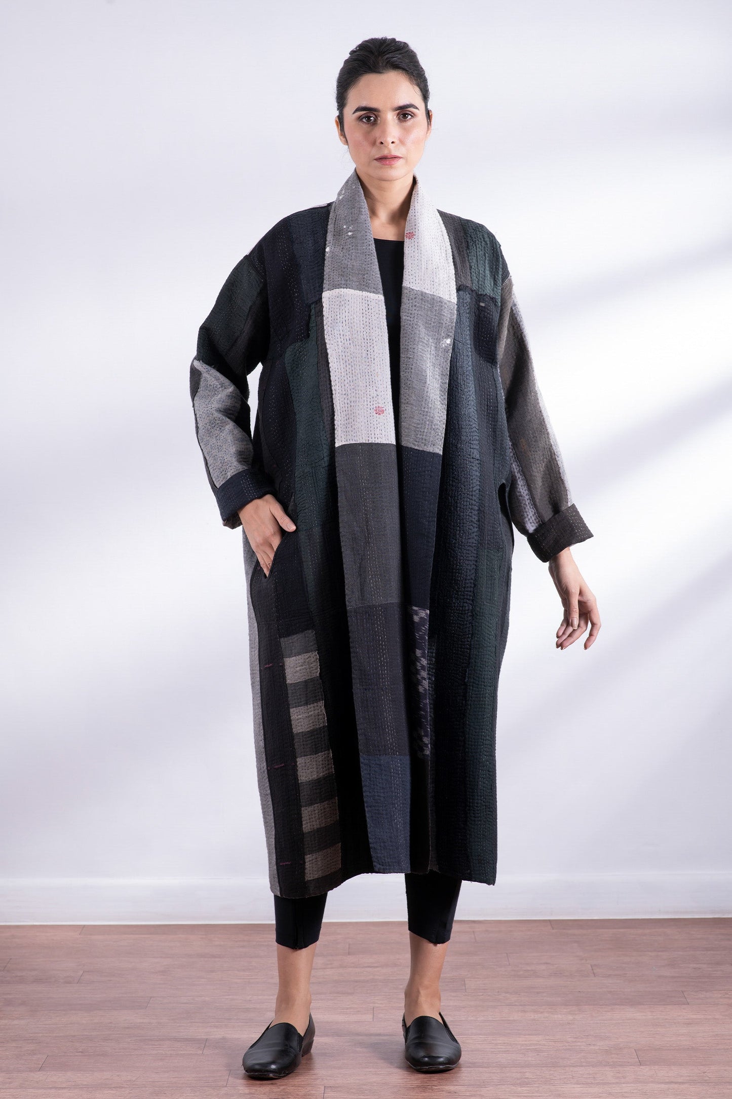 STRIPE AND CHECK COTTON SILK PATCH KANTHA  ROBE COAT - ss4329-blk -