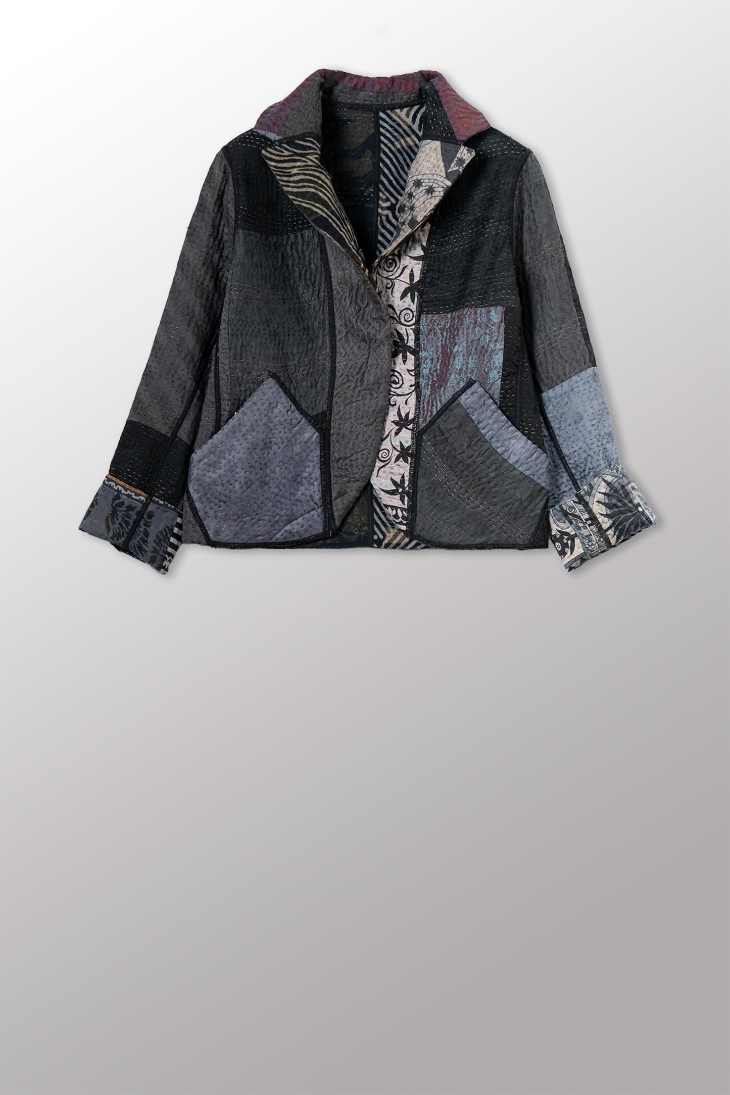 JACQUARD SILK KANTHA CROPPED BASIC JACKET - js4096-cblk001s -