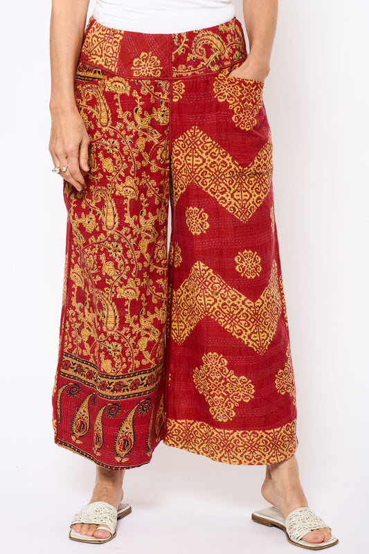 VINTAGE COTTON KANTHA MID RISE WIDE LEG PANTS - cv2665-0006m -