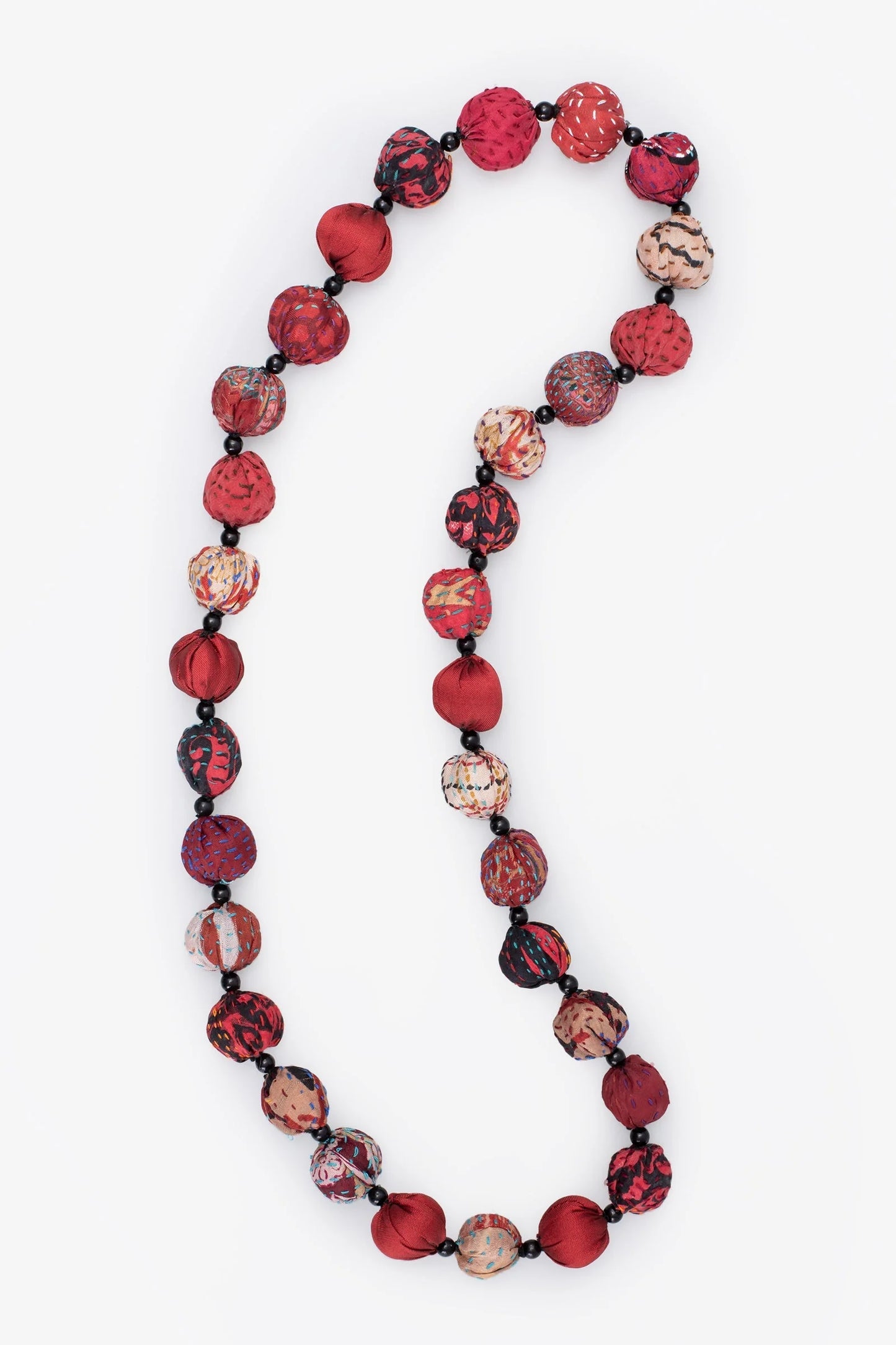 VINTAGE SILK KANTHA SMALL NUTS MEDIUM NECKLACE - sv2705-red -