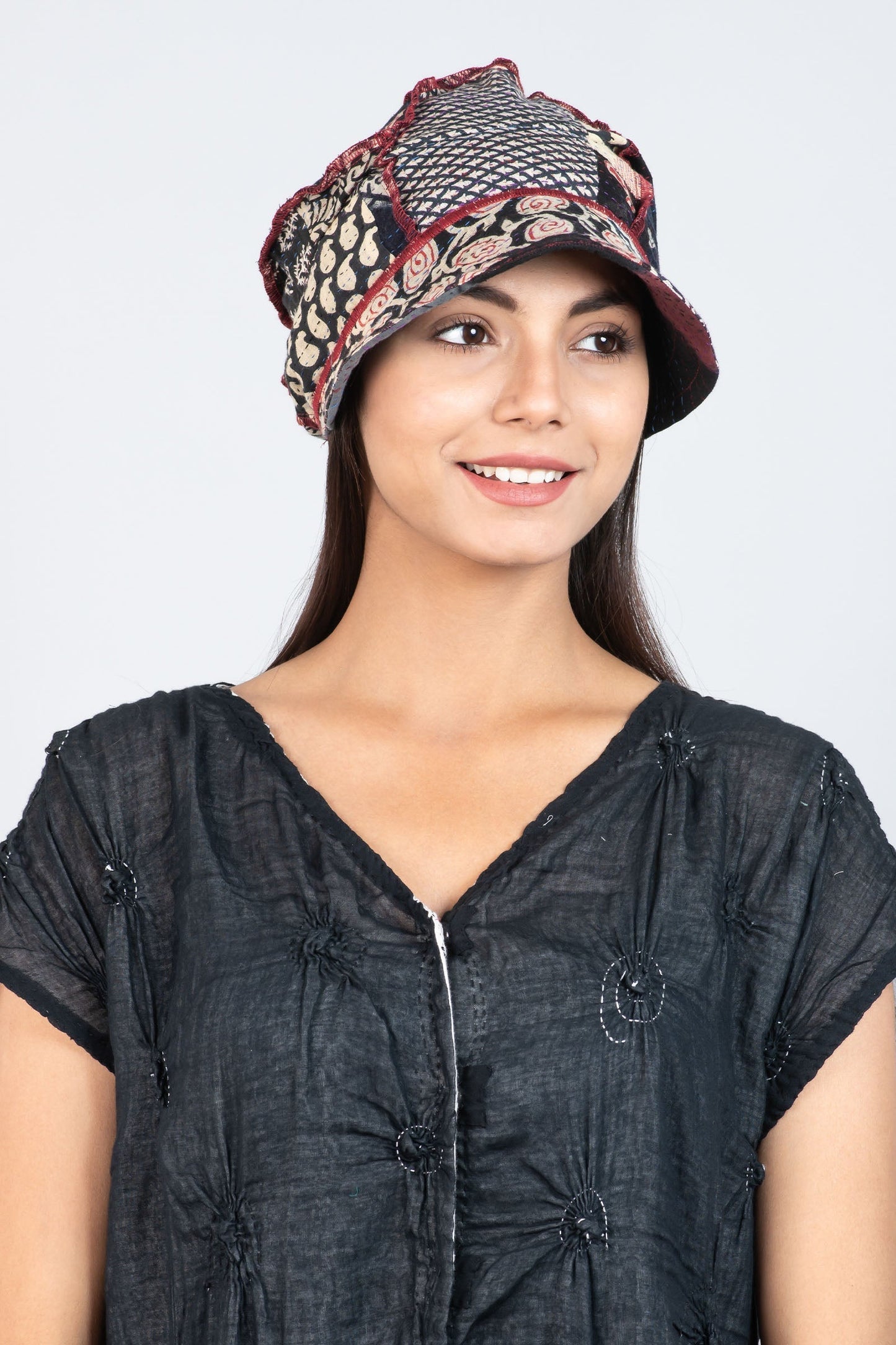PATCH & CIRCLE PRINT KANTHA HALF BRIM HAT - pc2881-blk -