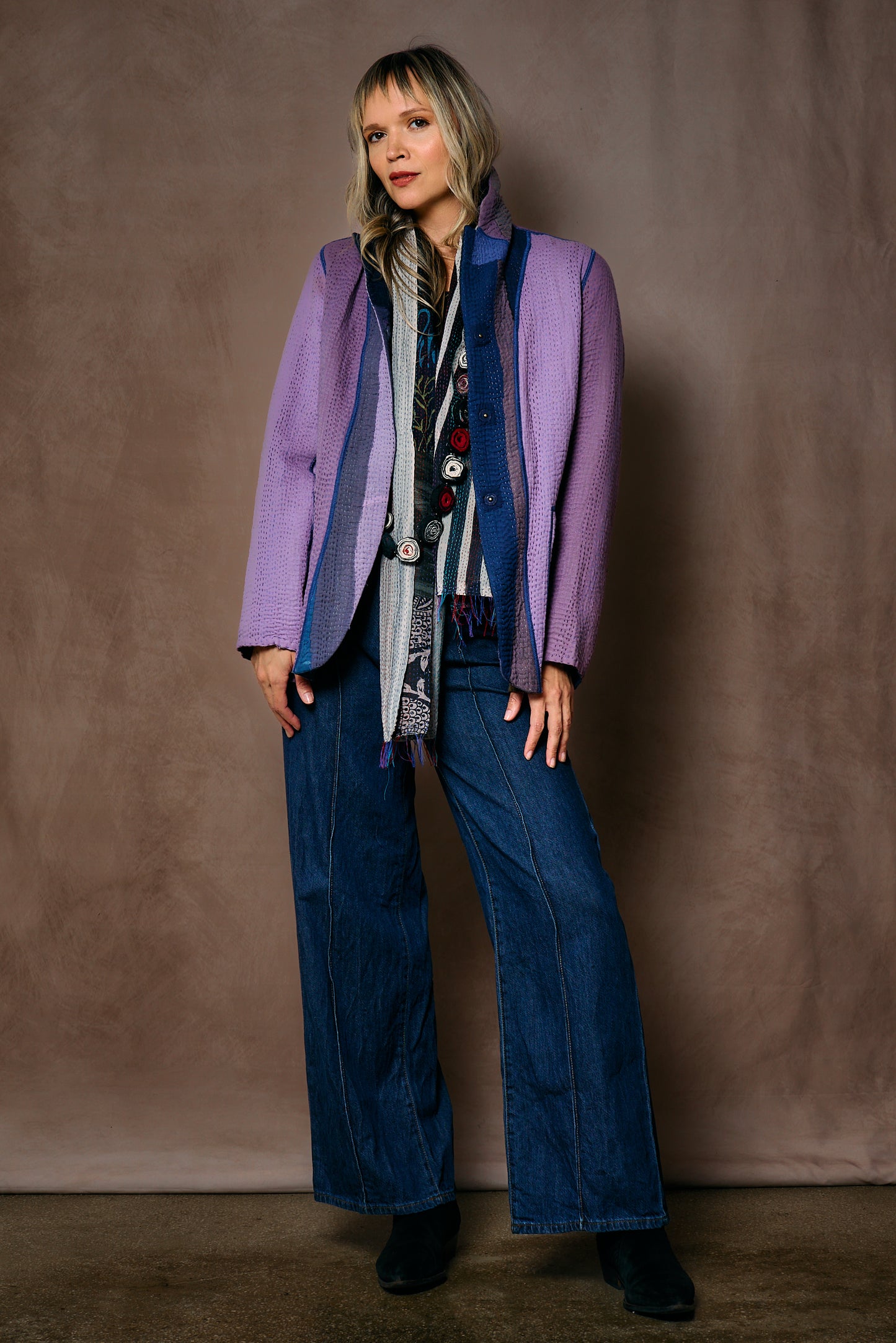 COTTON STRIPE PATCH KANTHA BASIC JACKET - cs4052-prp -