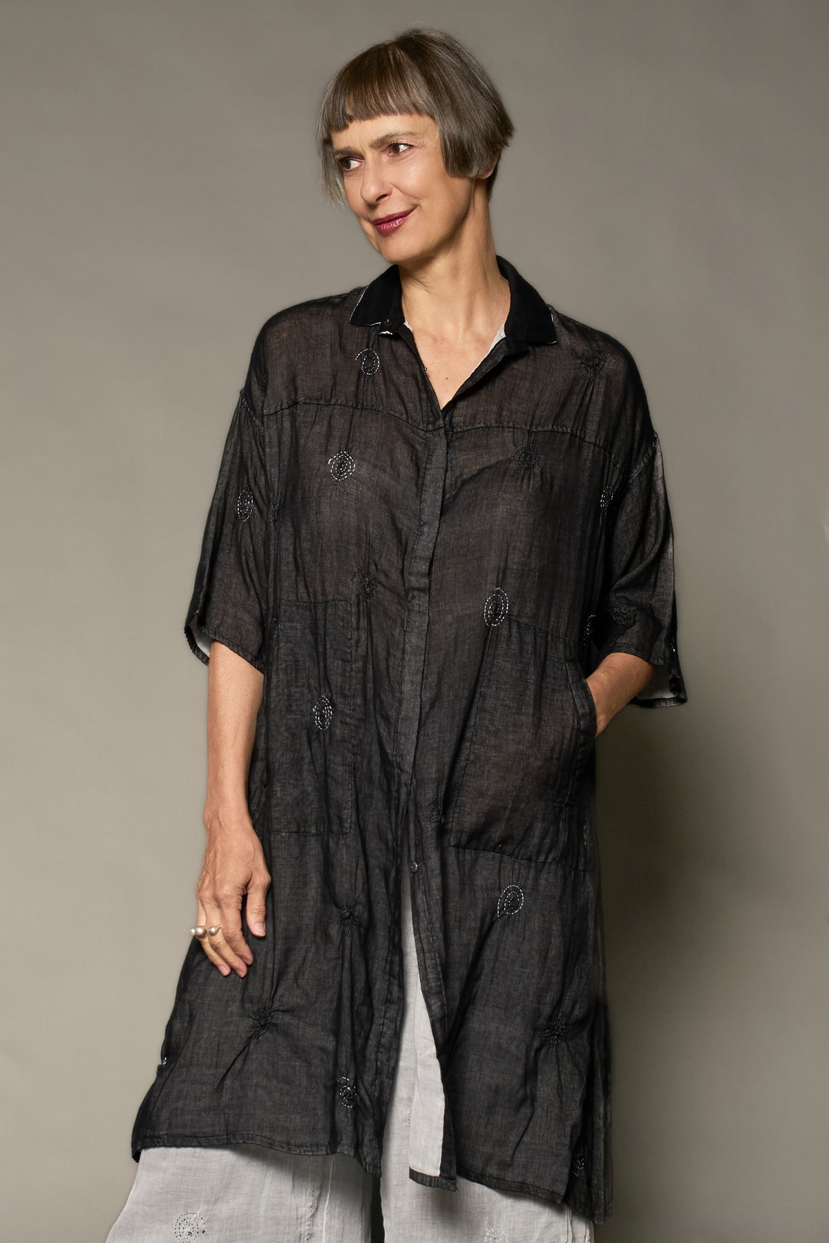 GAUZE SHIBORIGARMENT KANTHA 3/4 SLV. SHIRT DRESS - gg2464-blk -