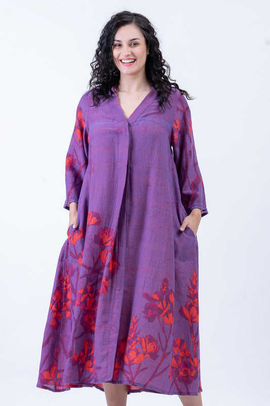 BLOOMING FLOWERS KANTHA V-NECK FLARE SLEEVE DRESS - bf2445-prp -