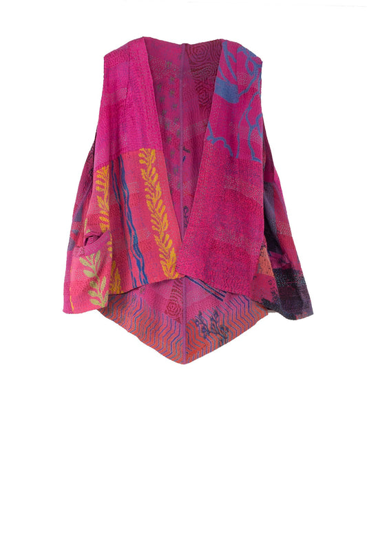 GEORGETTE VINTAGE SILK PATCH KANTHA BELL SHAPE SHORT VEST - gs2227-pik -