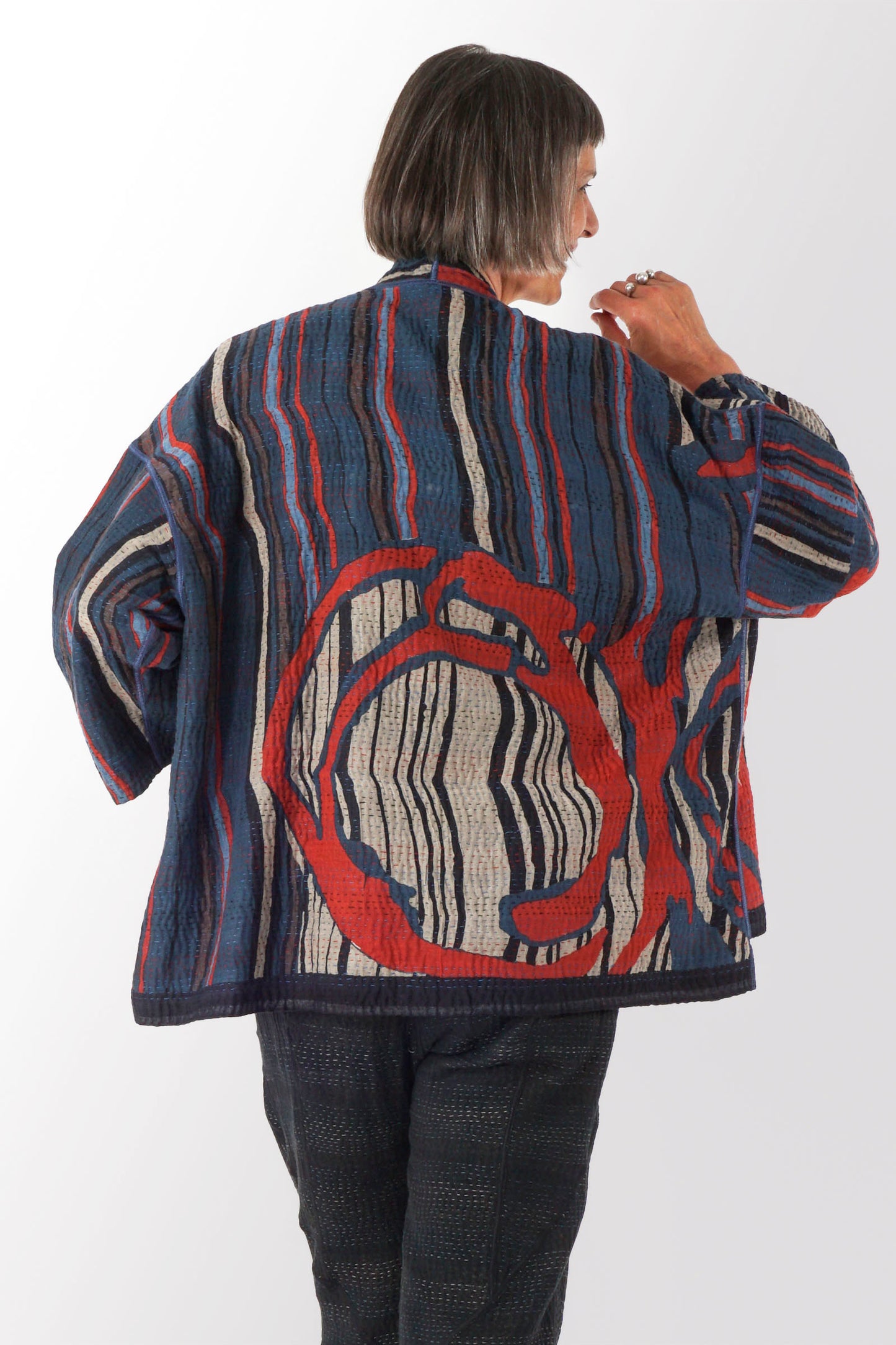 STRIPE AND BENDS KANTHA MINI KIMONO JACKET - sb4055-red -