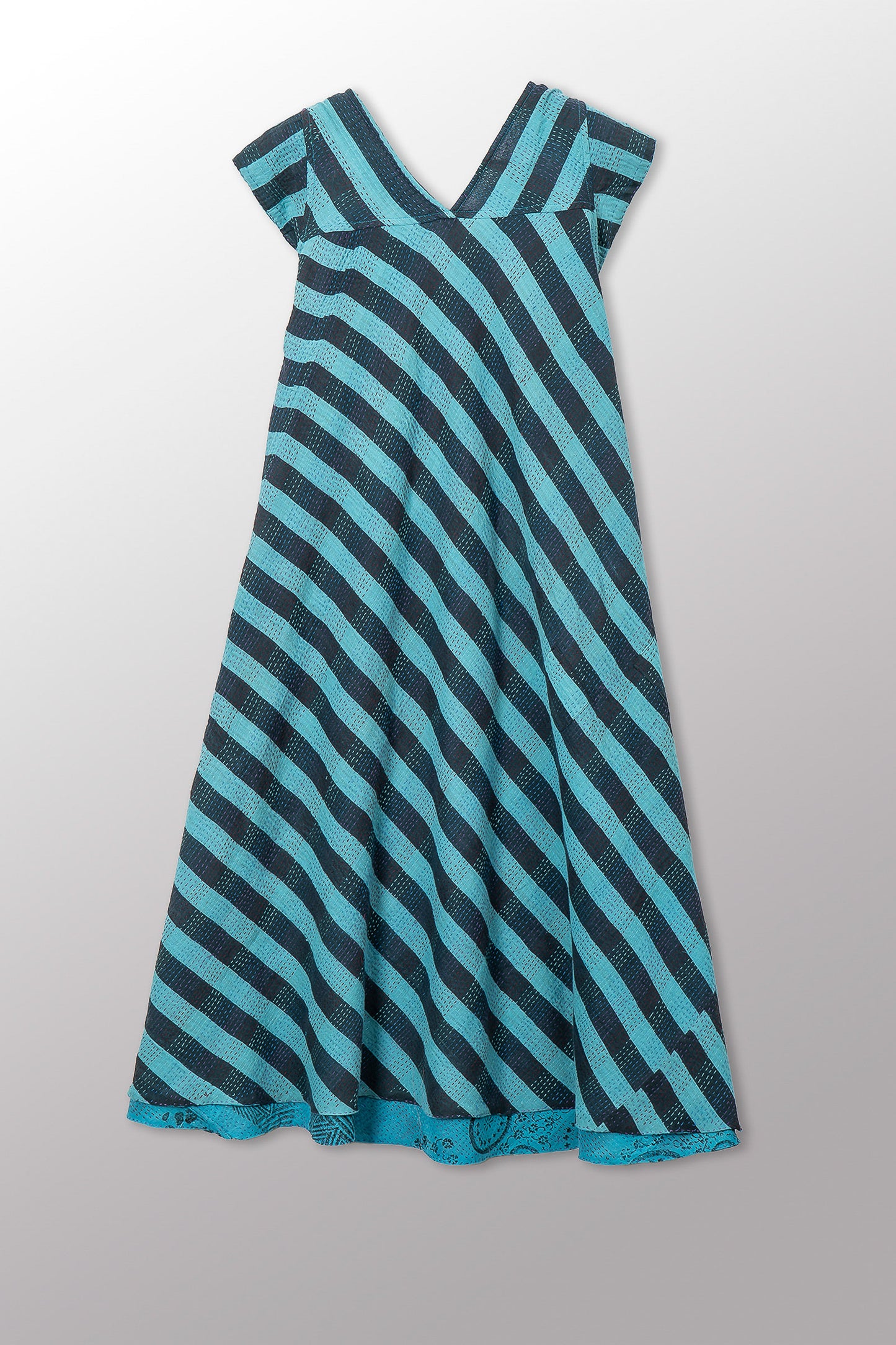 VINTAGE COTTON & NEW VOILE KANTHA CAP SLV. FLARE DRESS - cn2425-0009s -