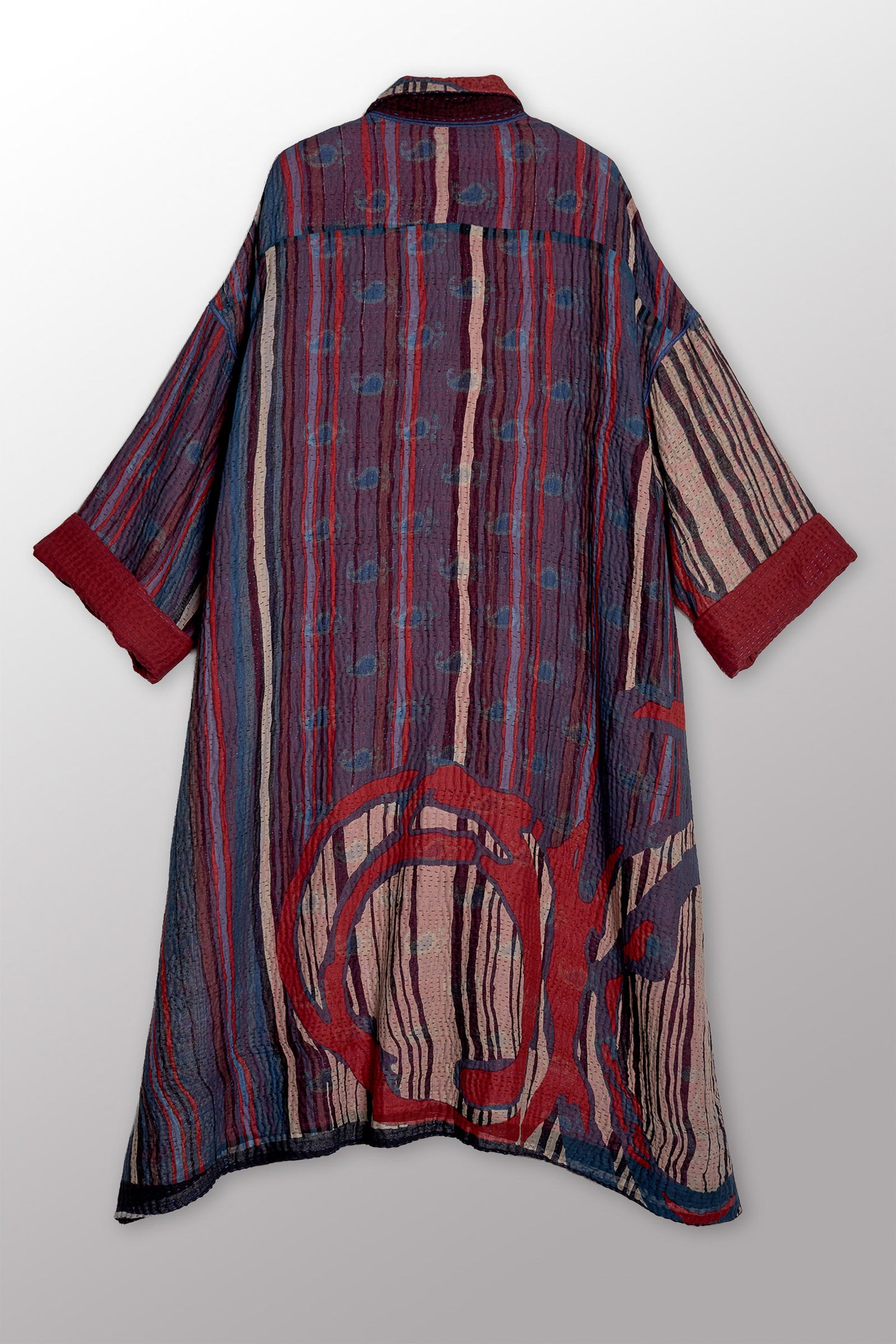 STRIPE AND BENDS KANTHA NEW OVERSIZED COAT - sb4342-red -