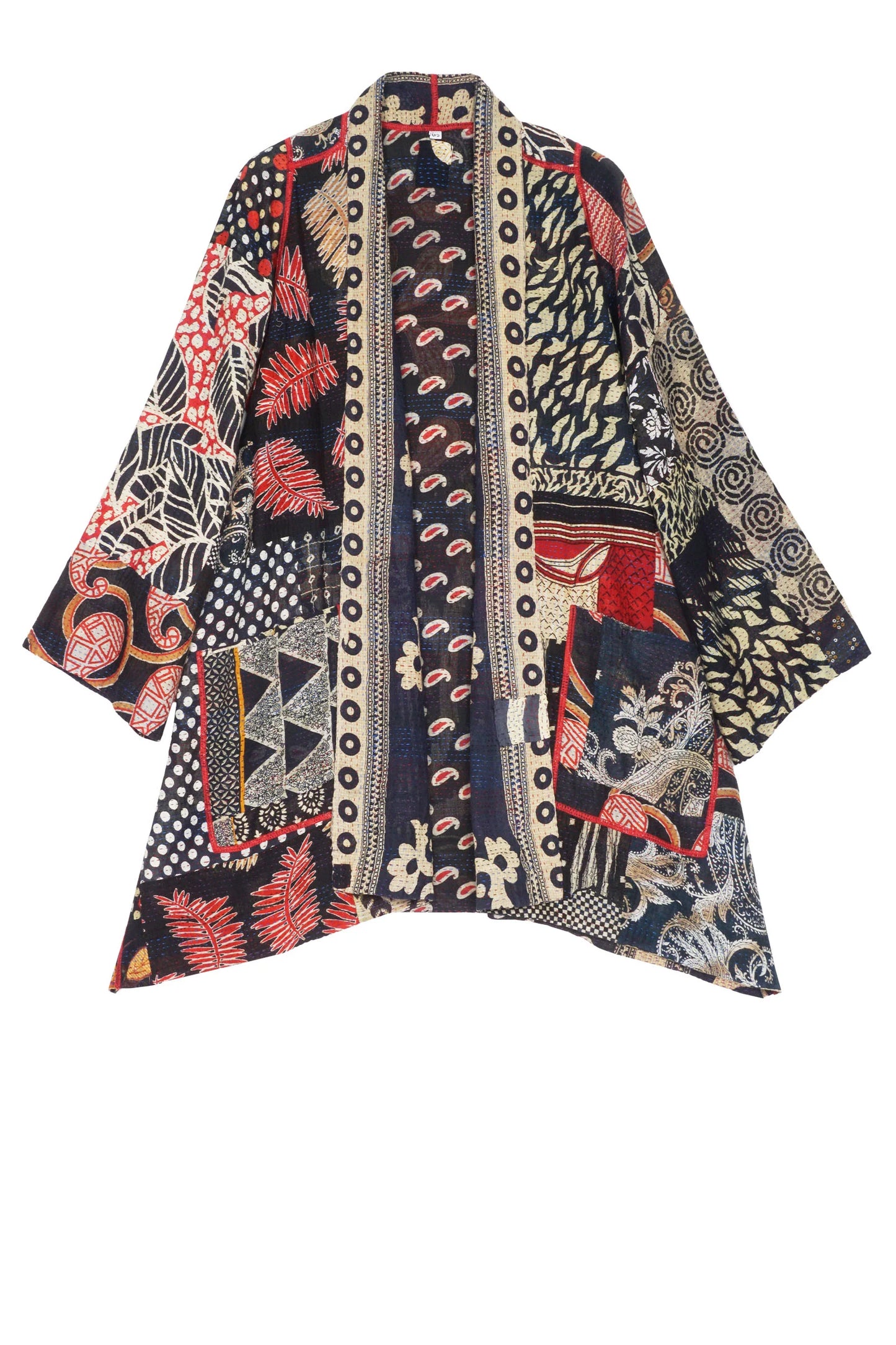 PATCHED PRINT W VINTAGE BACKING KANTHA A-LINE JKT - pv2003-blk -
