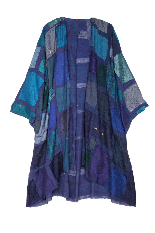 TONAL TILE PATCH KANTHA KIMONO DUSTER - tt2317-blu -