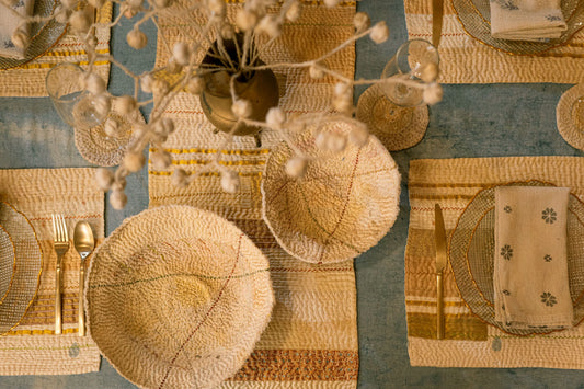 Handcrafted Kantha (metallic kantha) Round Tray -Ivory