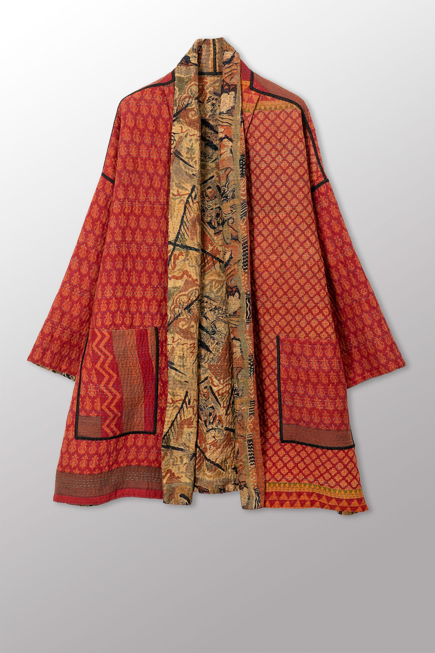 VINTAGE SILK GEORGETTE COTTON KANTHA HAORI JACKET - gc4068-0006a -