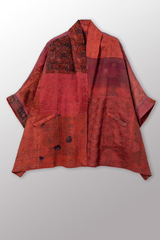 GEORGETTE JACQUARD VINTAGE SILK PATCH KANTHA DOUBLE COLLAR PONCHO - gj4323-org -