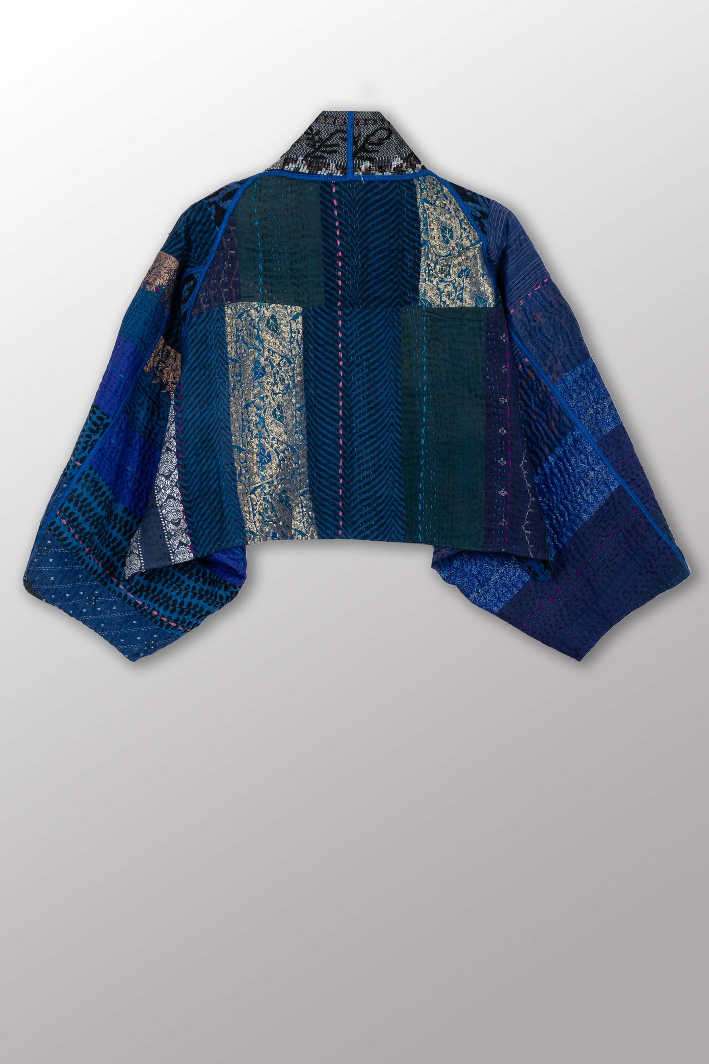 STRIPE RALLIS KANTHA PUFF SLV. SHRUG - pr4062-blu -