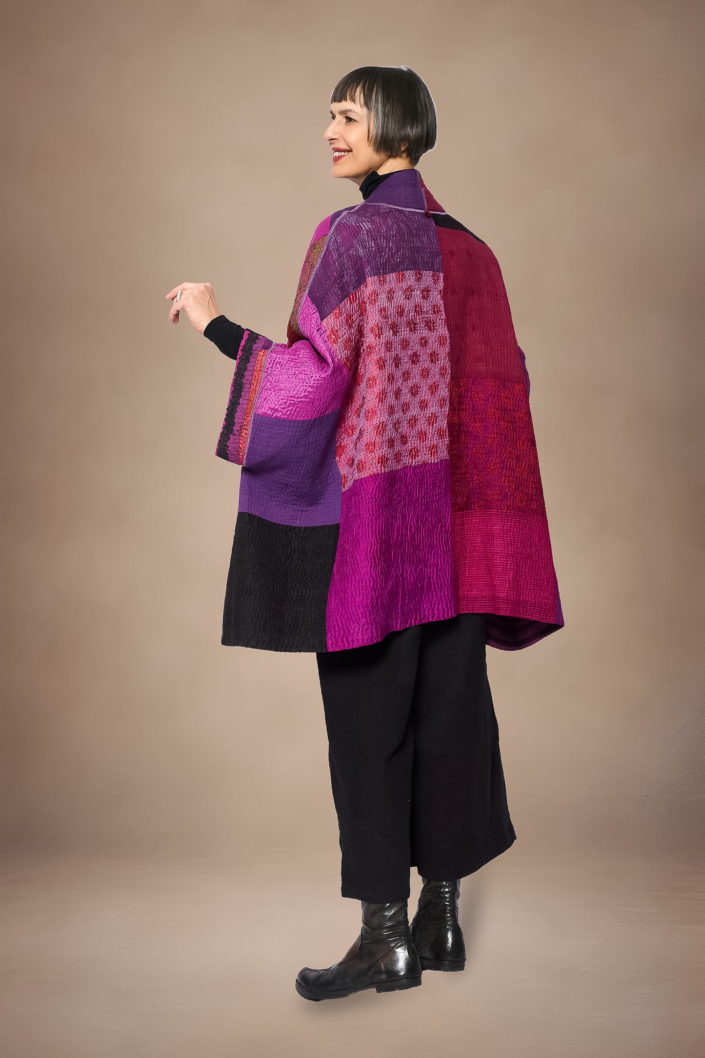 AMETHYST COTTON SILK KANTHA DOUBLE COLLAR PONCHO - oc4323-prp -
