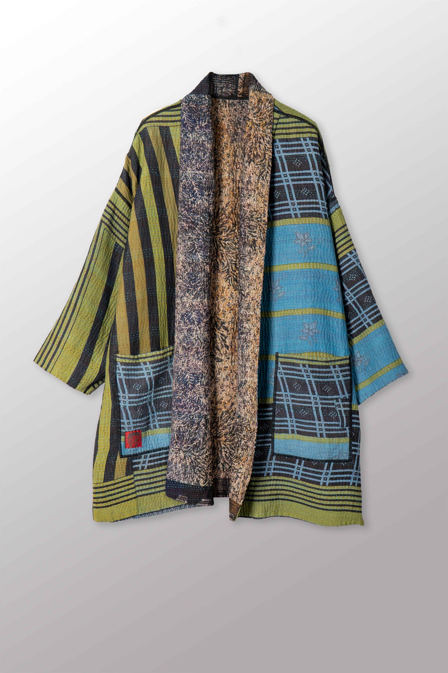 VINTAGE SILK GEORGETTE COTTON KANTHA HAORI JACKET - gc4068-0001a -