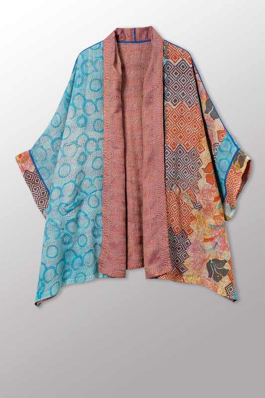 GEORGETTE JACQUARD VINTAGE SILK PATCH KANTHA DOUBLE COLLAR PONCHO - gj2323-0003a -