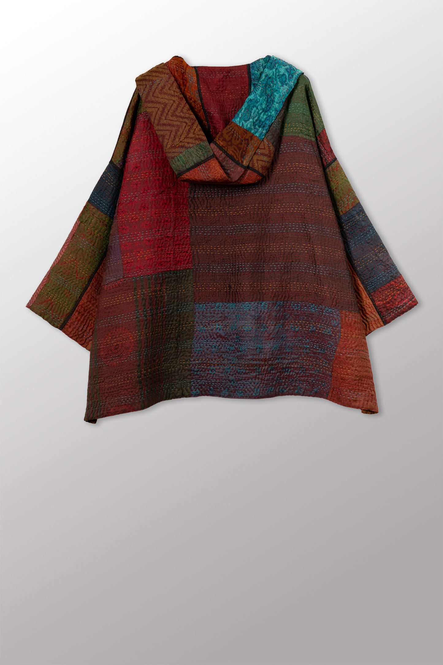 JACQUARD SILK KANTHA HOODIE PONCHO - js4064-cbrn002a -