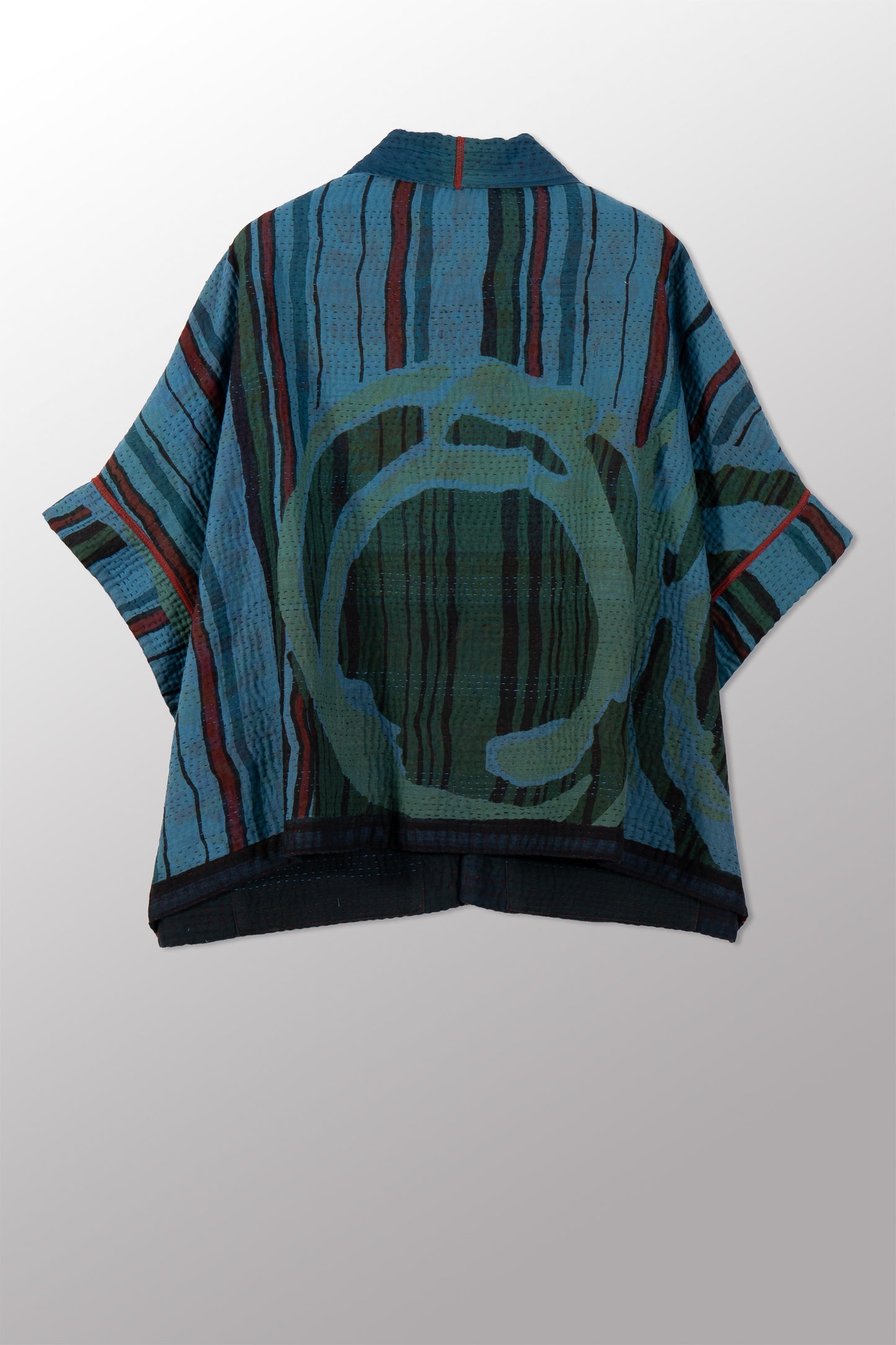 OVERDYED STRIPE AND BENDS KANTHA MINI PONCHO - sb4060-blu -