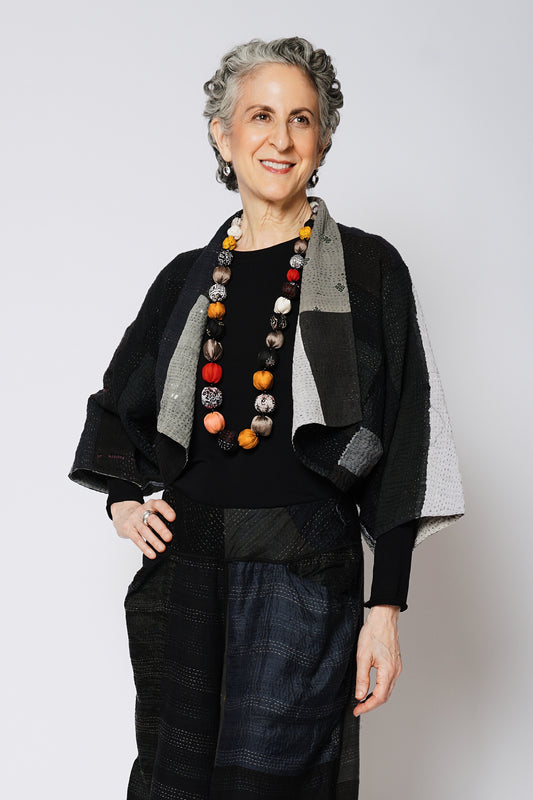 STRIPE AND CHECK COTTON SILK PATCH KANTHA PUFF SLV. SHRUG - ss4062-blk -