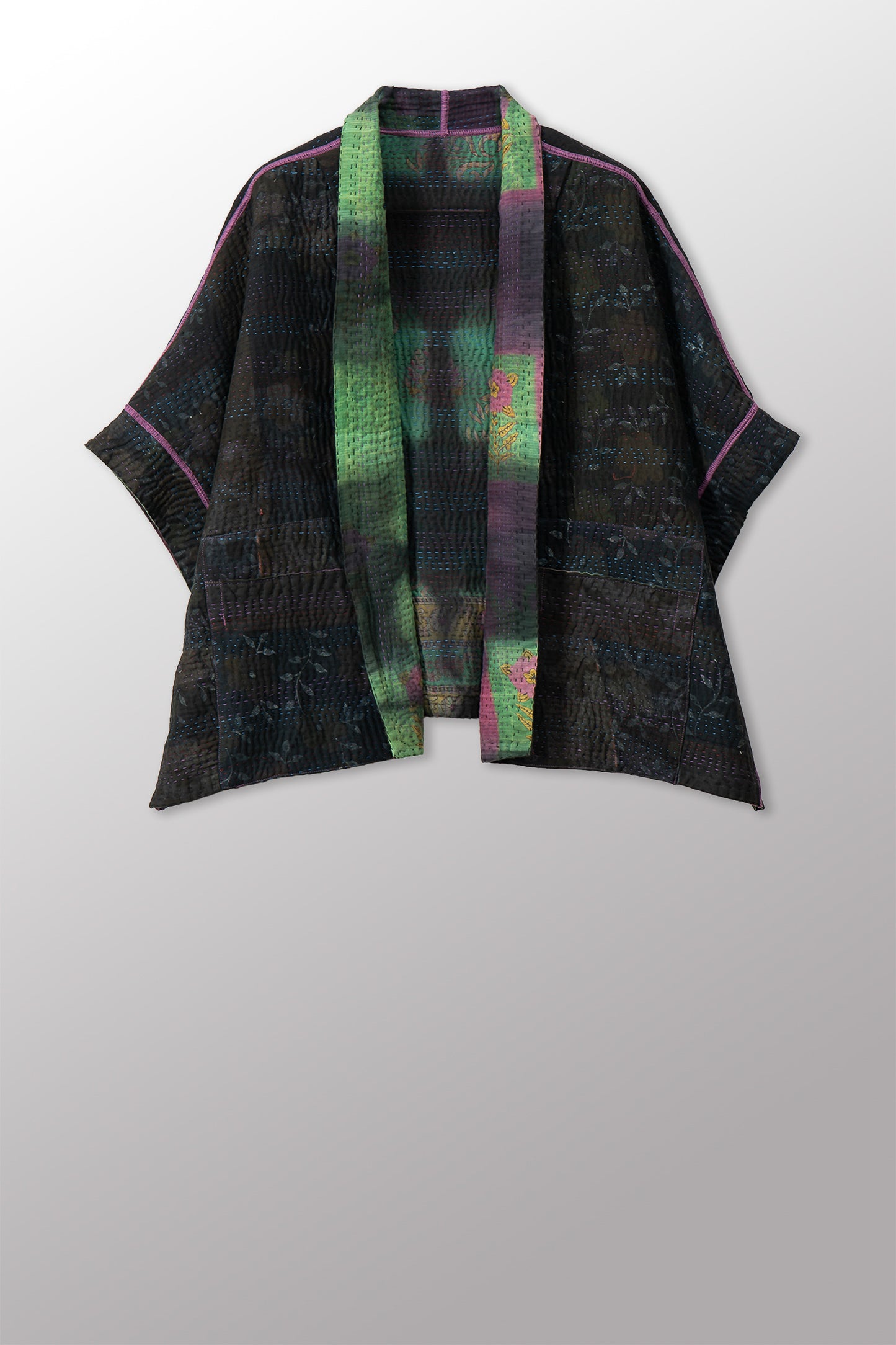 VINTAGE COTTON GREY CLAMP TIE DYE KANTHA MINI PONCHO - su4060-0004a -