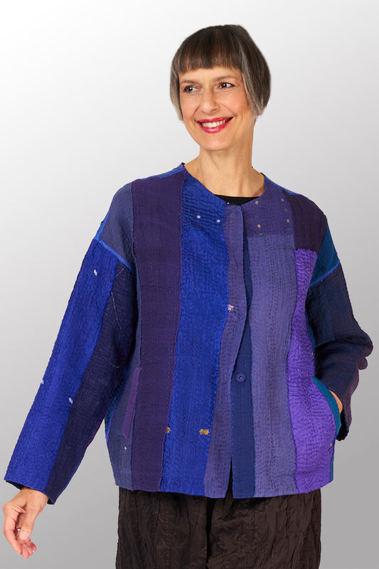 STRIPE AND CHECK COTTON SILK PATCH KANTHA CREW NECK SHORT JACKET - ss4053-blu -