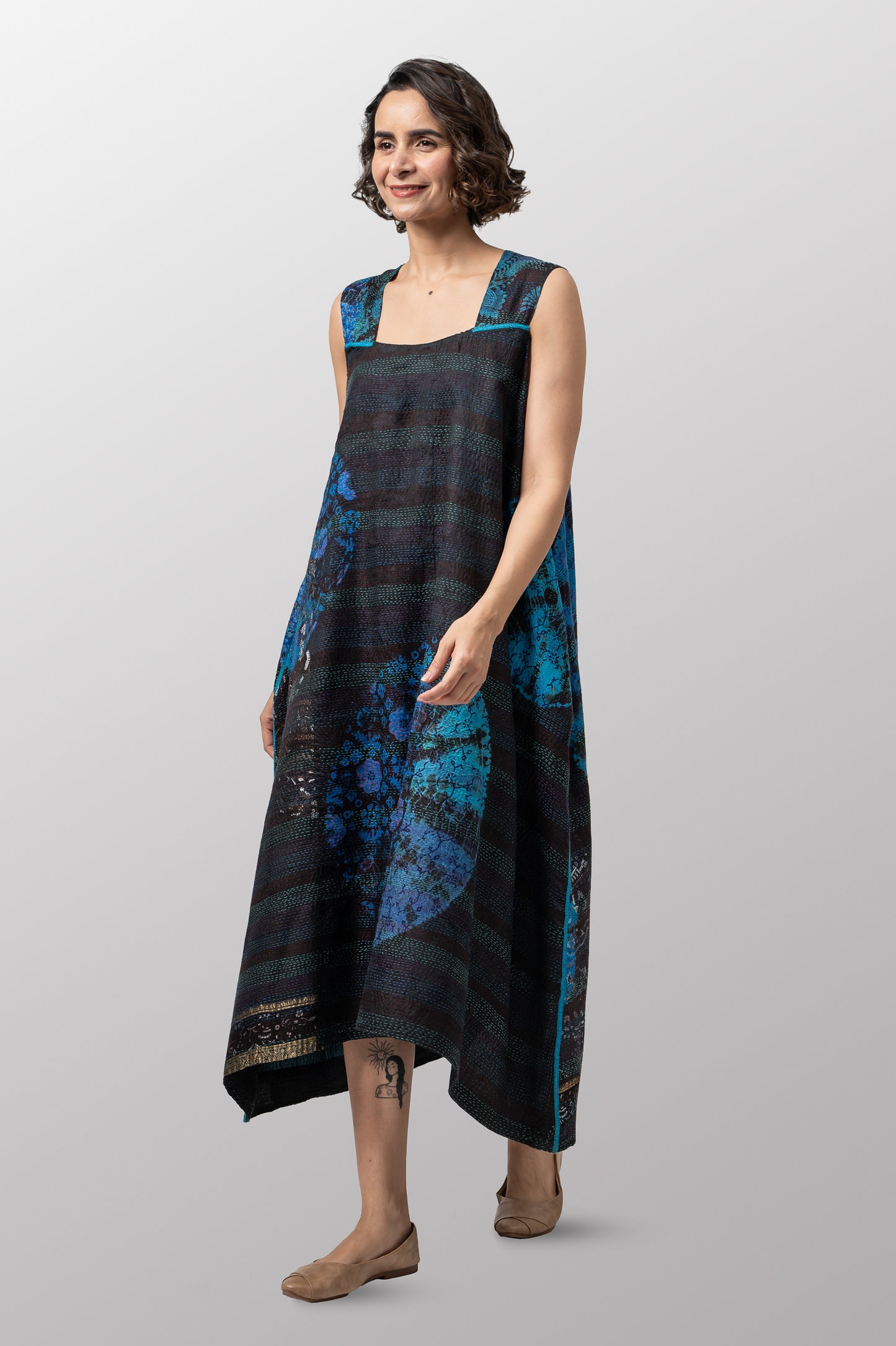 TIE DYE CIRCLE SHIBORI KANTHA TENT DRESS - td2413-blu -