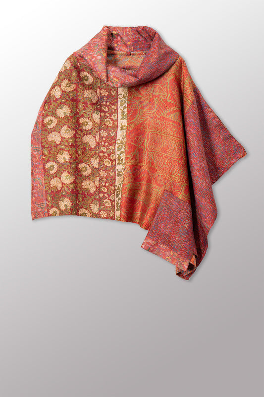 VINTAGE SILK KANTHA COWL NECK LONG CAPE - sv2842-0006a -