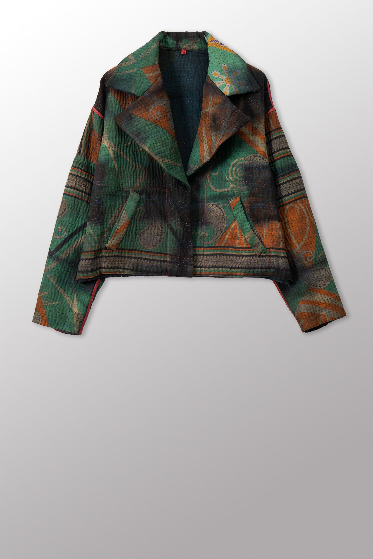 VINTAGE COTTON GREY CLAMP TIE DYE KANTHA NEW LAPELED SHORT JACKET - su4j101-0002m -