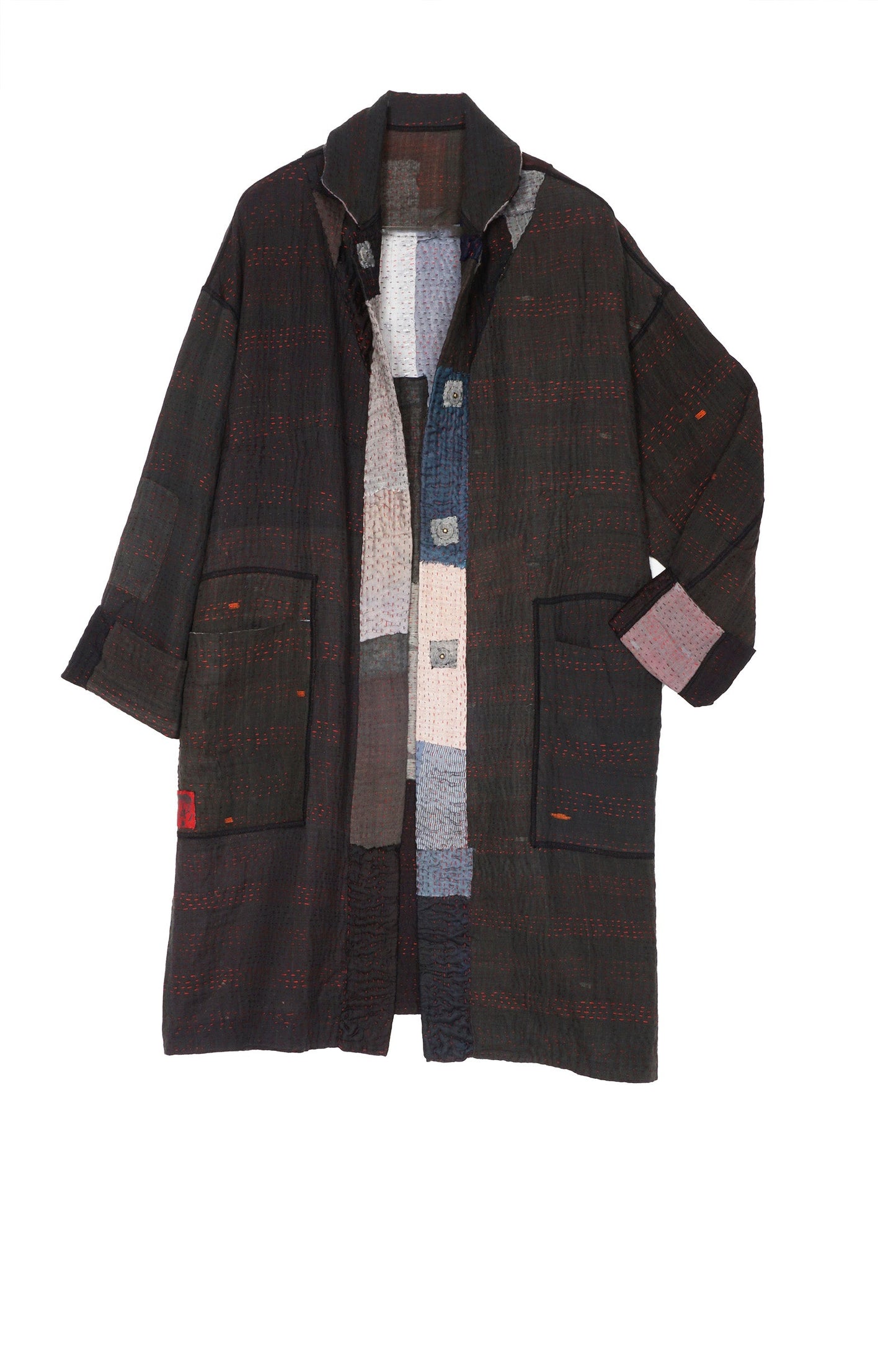 TWO TONE PATCH KANTHA LONG LINE JACKET - tn4059-blk -