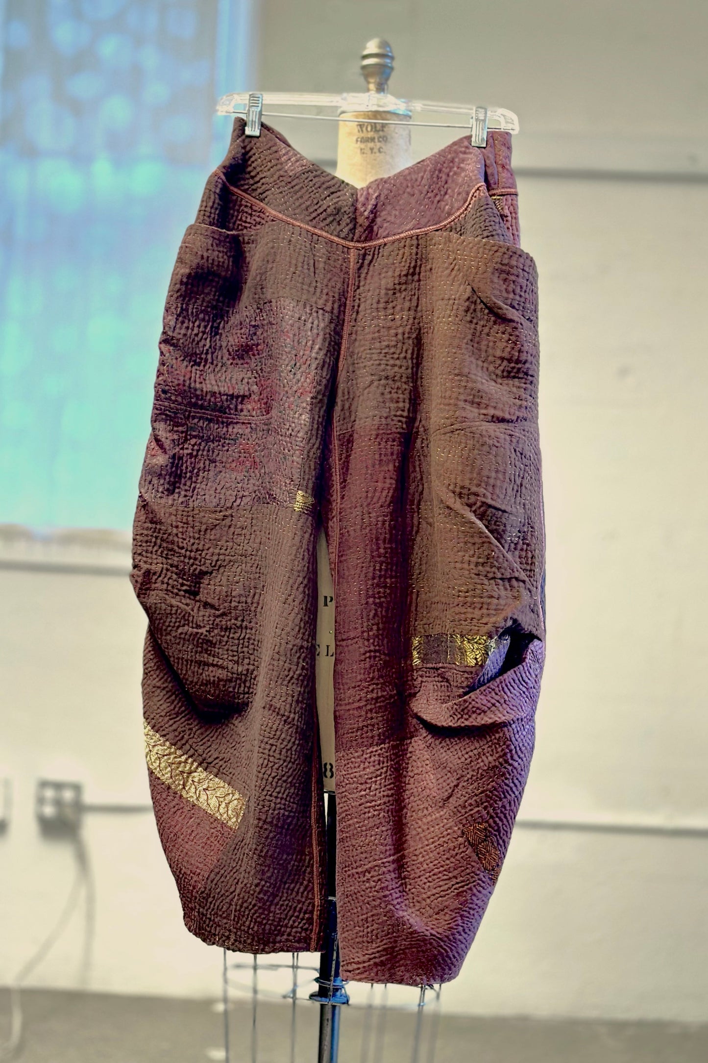 COTTON SILK SW PATCH KANTHA KNEE TUCKED PANTS - ws4625-brn -