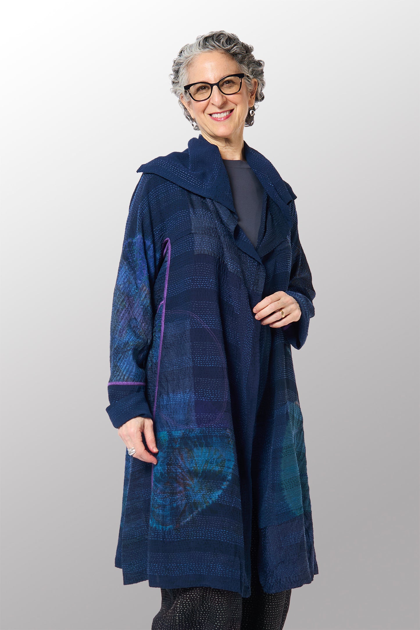 SHIBORI TIE DYE GEORGETTE VINTAGE SILK PATCH KANTHA A-LINE COAT - st-gs2309-nvy -