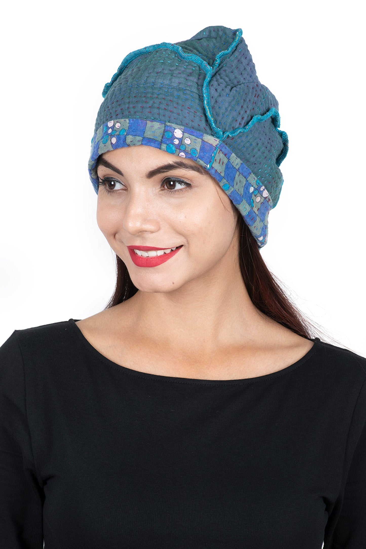 VINTAGE COTTON KANTHA PATCHWORK HAT - cv4880-blu -