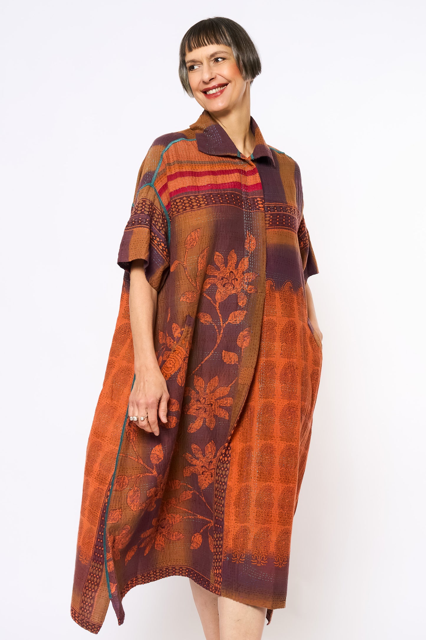 COTTON OVERDYE KANTHA WING COLLAR DRESS - ov2454-corg002a -