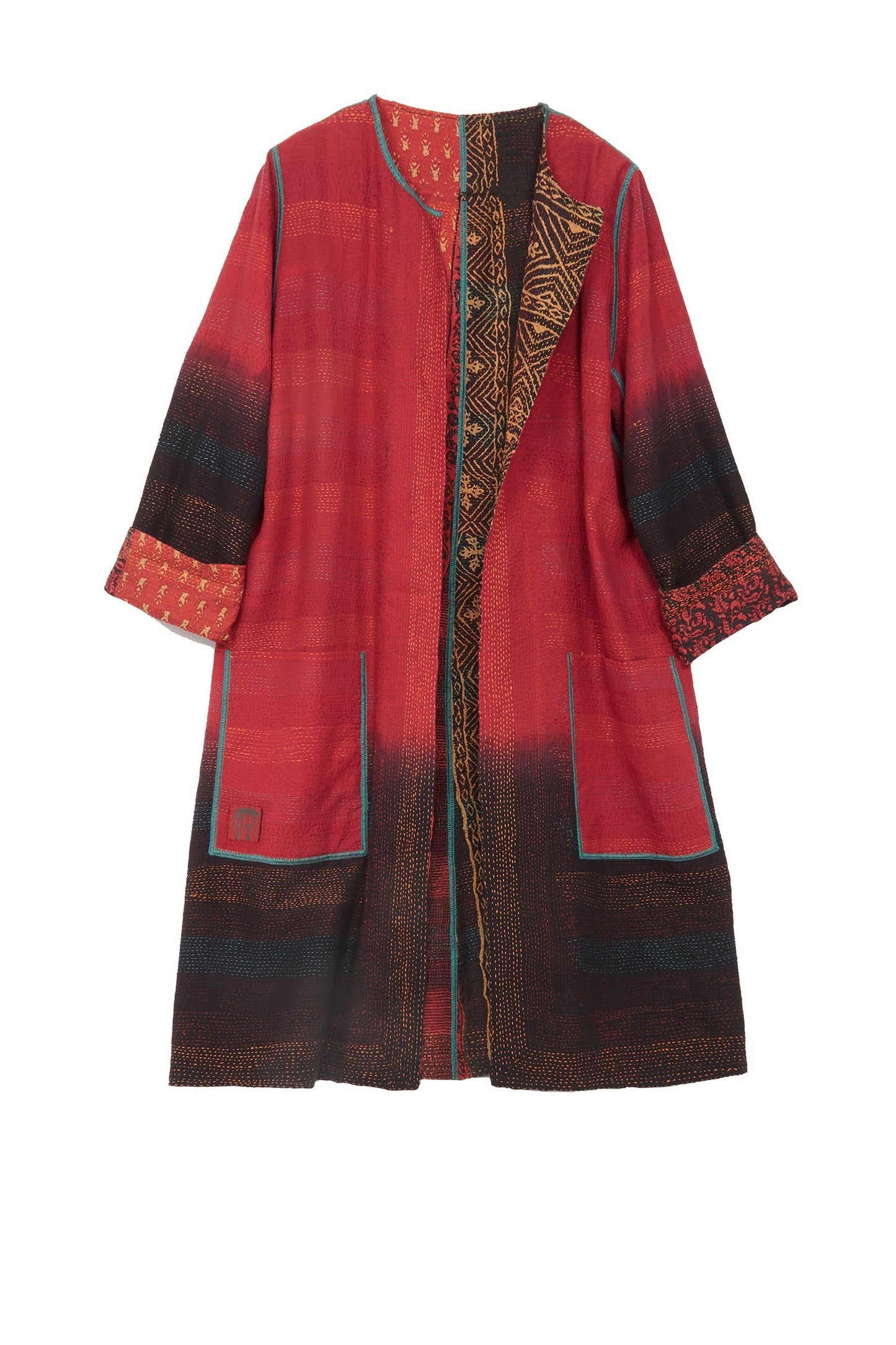 SILK COTTON OMBRE PRINT KANTHA CREW NECK COAT - os2313-red -