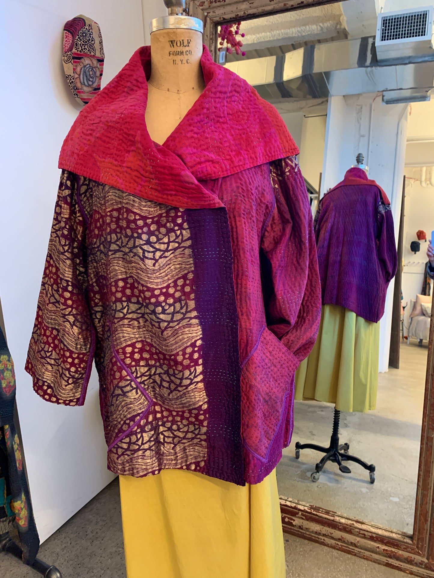 VINTAGE SILK GEORGETTE COTTON KANTHA FLARE JACKET - gc4010-0001a -